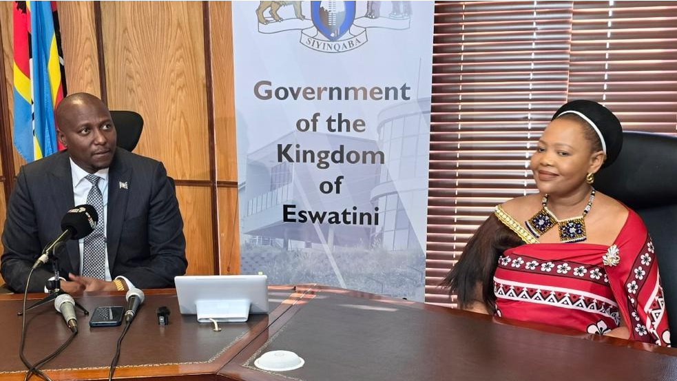 Prime Minister Russell Mmiso Dlamini seated with Minister for Foreign Affairs and International Cooperation Pholile Shakantu during a press conference at Cabinet yesterday. (Pics: Ntombi Mhlongo)